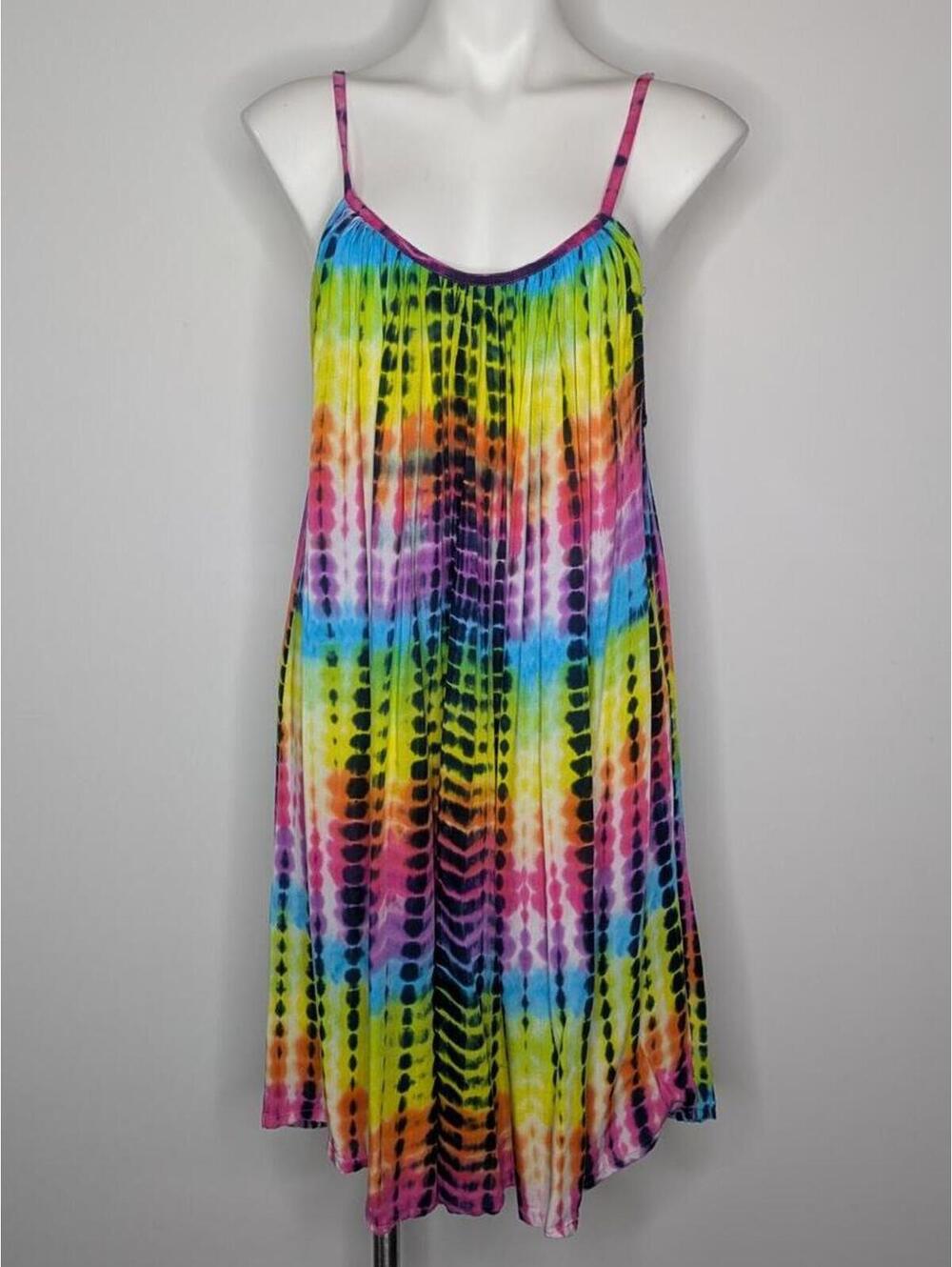 Peaceful People Rainbow Colorful Tie Dye Spaghetti Strap Summer Dress OSFM